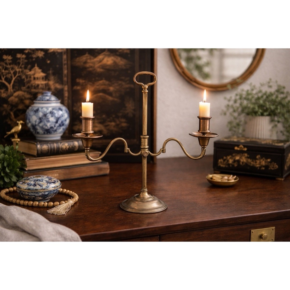 Vintage Brass 2-Arm Adjustable Candelabra | Serpentine Colonial Revival MCM